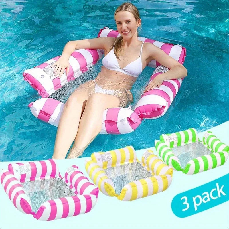 1Pcs Inflatable Water Hammock with Mesh, Outdoor Water Foldable Striped Floating Bed, Water Lounge Chair, Pool Party, Beach Fun